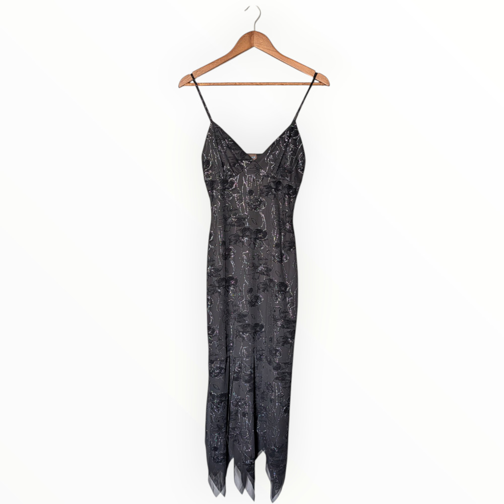 Y2K Easel Black Floral Metallic Silver Midi Dress New Size Medium Bodycon Wiggle